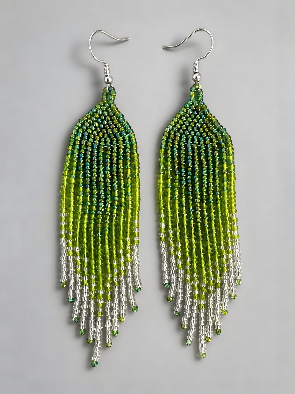 Iridescent Lime Boho Fringe Seed Bead Long Earrings Ombre Beaded Jewelry
